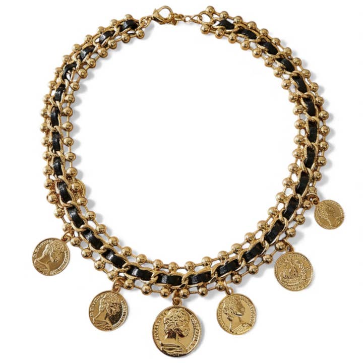 Vintage Gold Coin Charms on Black Leather & Chain Necklace for wholesale by Bijoux Envie Statement Jewelry