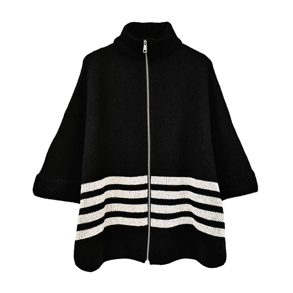 Sensibling Corp. - Wholesale Poncho - Women's - Sporty Bordered Zip Up Knit Cape Poncho3