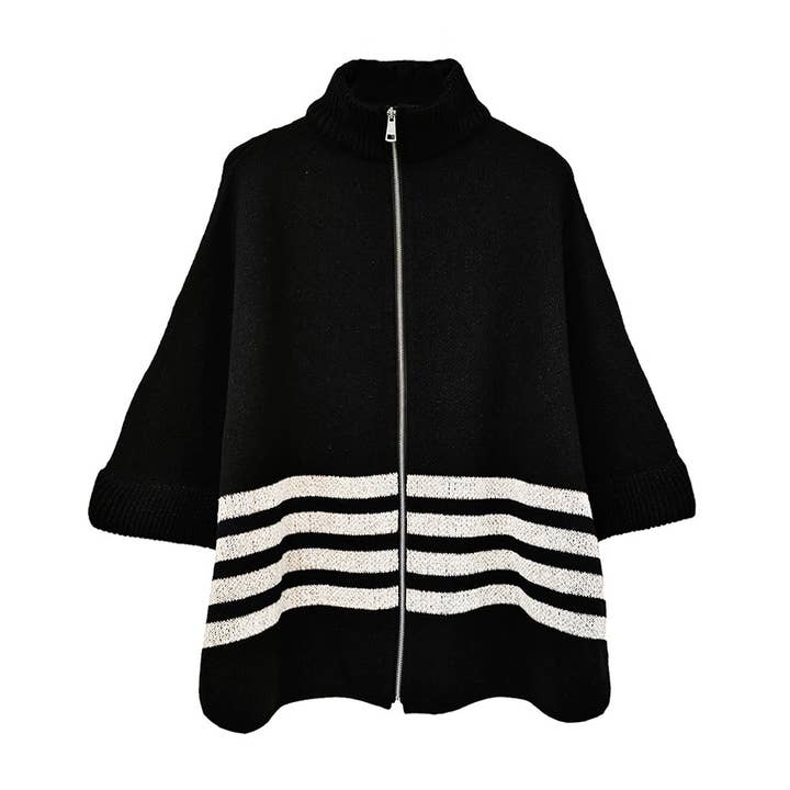 Sensibling Corp. - Wholesale Poncho - Women's - Sporty Bordered Zip Up Knit Cape Poncho3