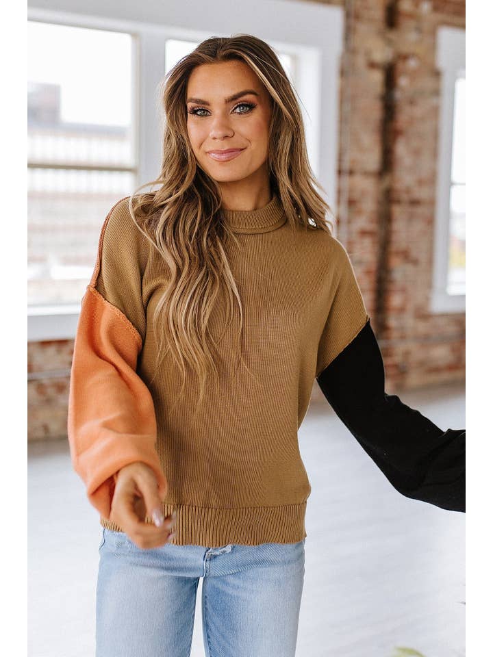 Liam & Company - Wholesale Knit Sweater - Women's - Harlow Colorblock Puff Sleeve Sweater | S-2XL