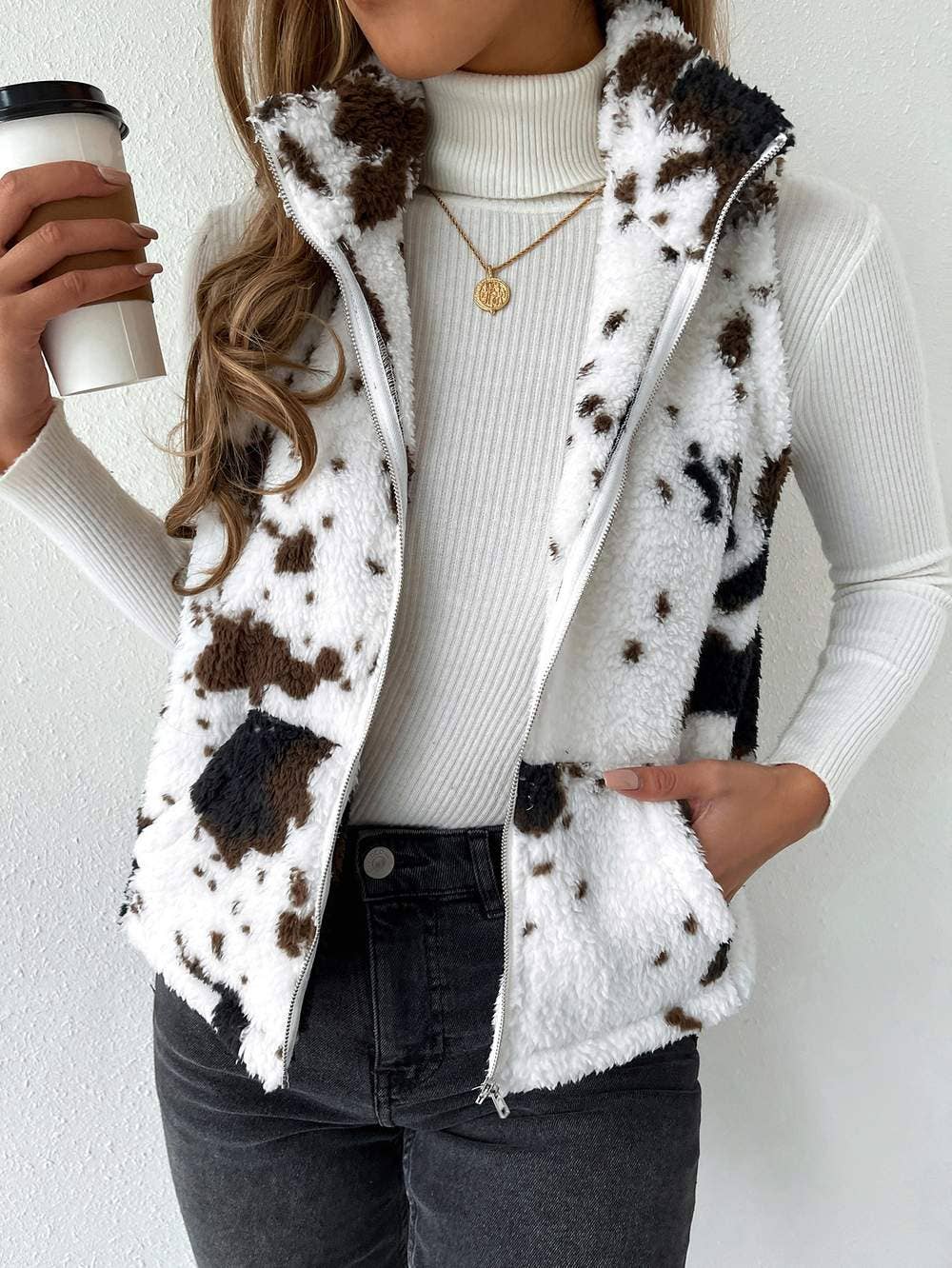 MULTICOLOR Cow Print Fleece Zip Vest Winter Sleeveless Sherpa Gilet for wholesale on Faire5