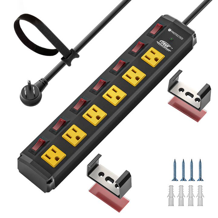 CRST 6 Outlets Individual Switches Mountable Metal Power Strip Surge Protector, 6FT Flat Plug Power Cord for wholesale by Rocket Socket Technology