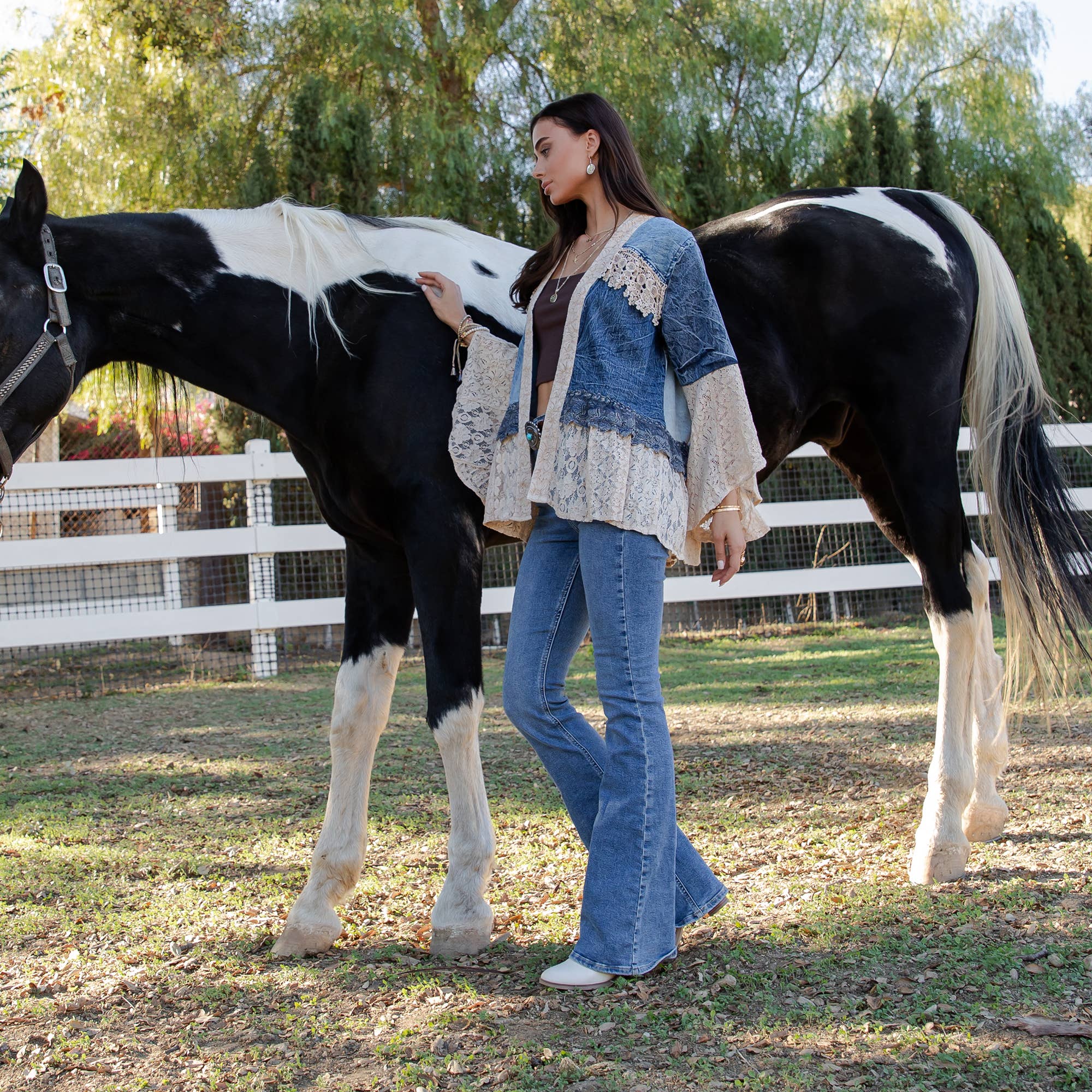 Young Threads - Wholesale Kimono - Women's - Western Boho Lace & Denim Patchwork Kimono Top NEW20