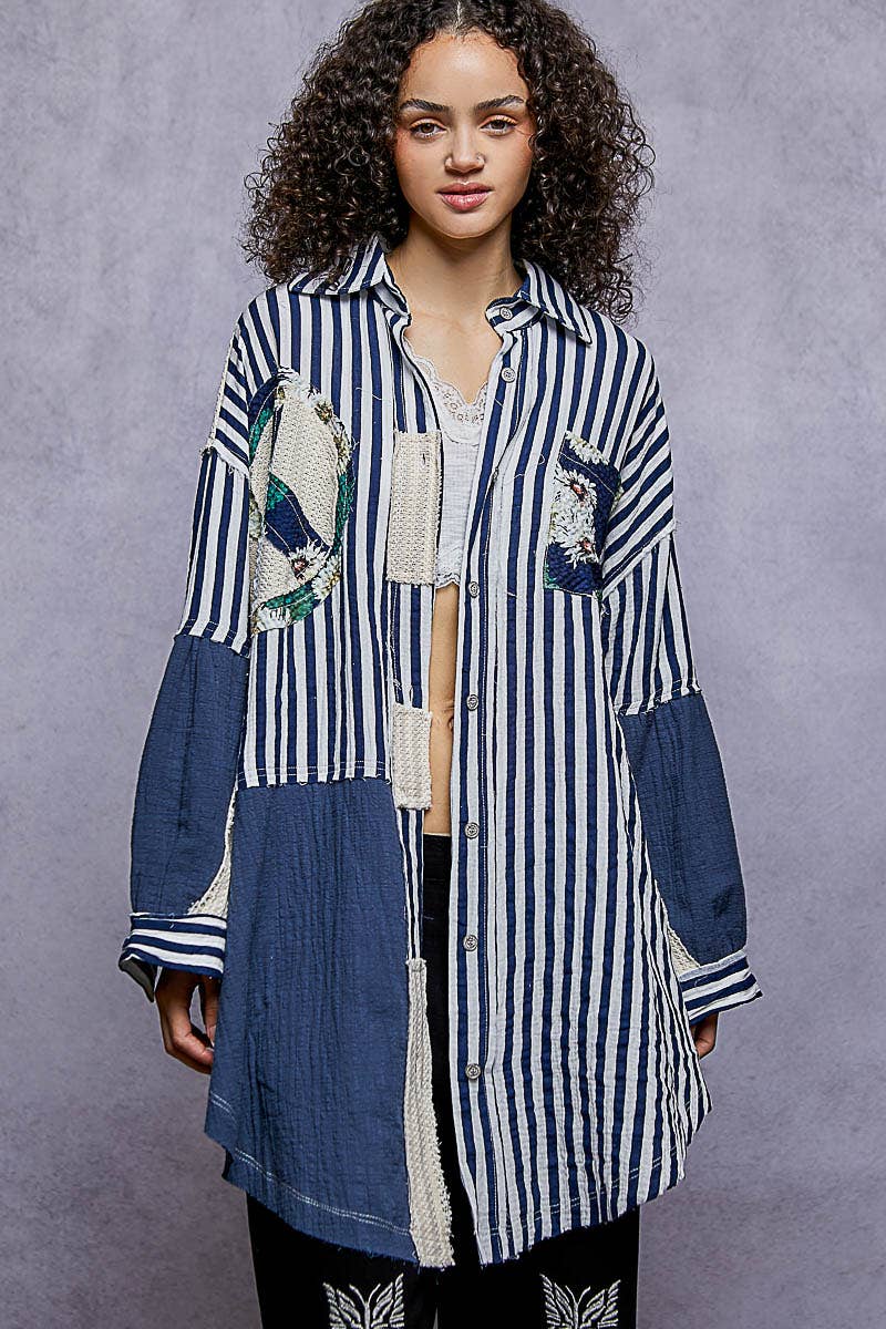 NAVY STRIPE Oversized Peace Patch Button Down Plaid Shirt Jacket for wholesale on Faire2