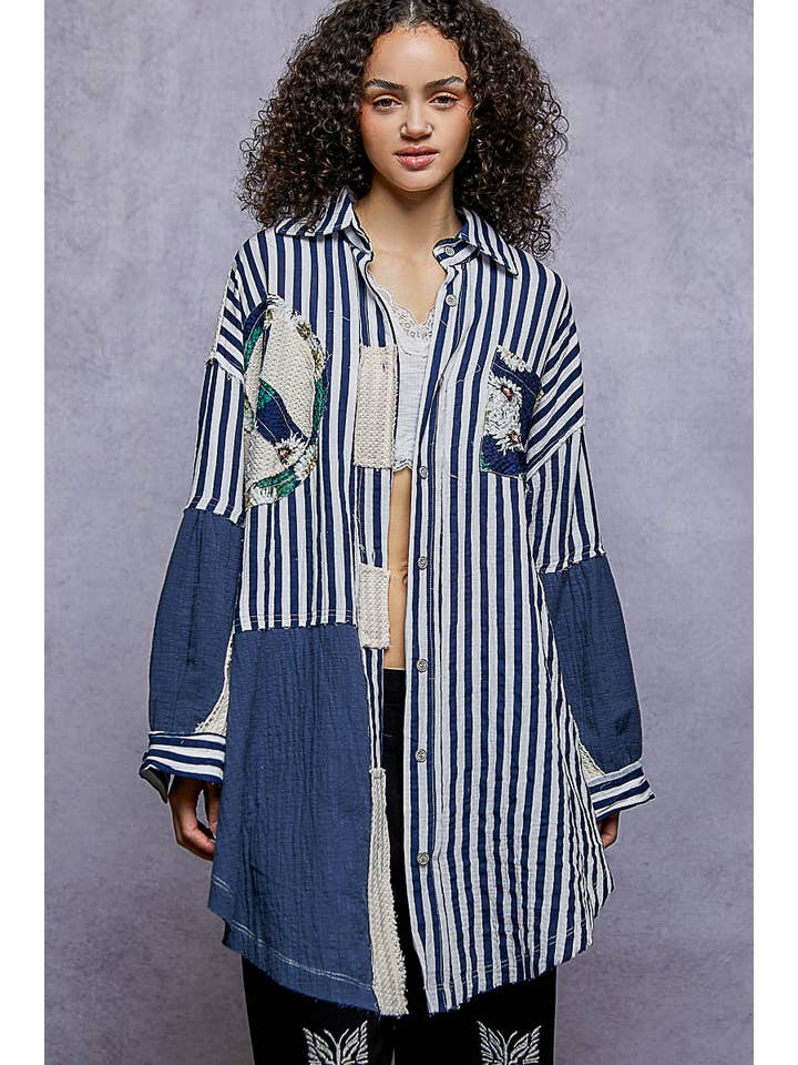 NAVY STRIPE Oversized Peace Patch Button Down Plaid Shirt Jacket for wholesale on Faire2