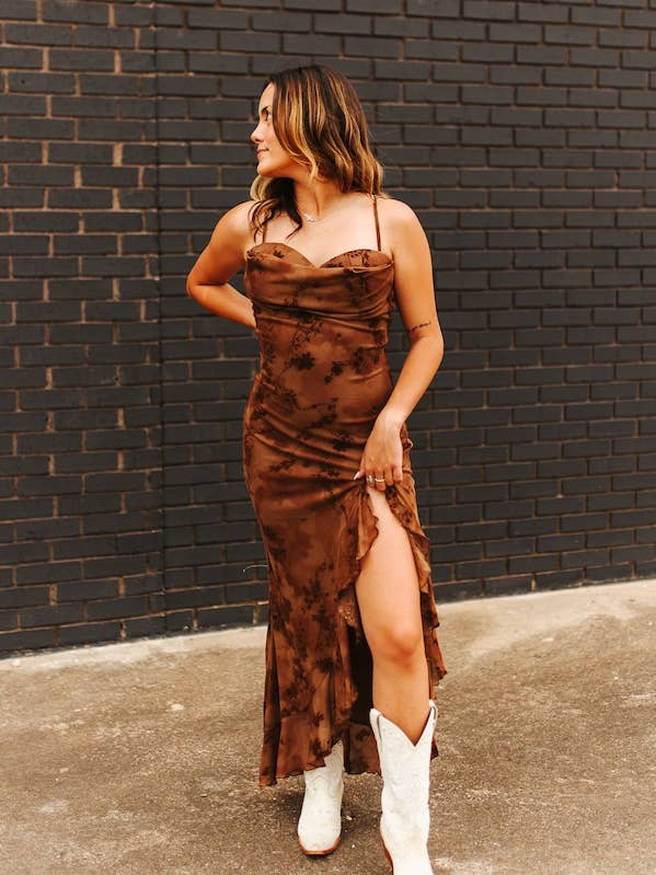 LUCKY & BLESSED - Wholesale Dress - Women's - Brown Camo Strap Ruffle Tier Slit Dress0