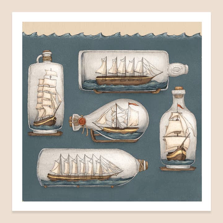 10" x 10" Ship in a Bottle Print voor wholesale door Jessica Roux Illustration