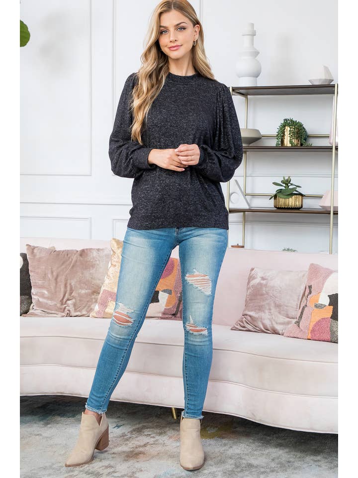 You & Me - Vente Haut en maille – femme - VENTE ! ! ! PPT21143 - HAUT À MANCHES BOUFFANTES À COL ROND - ANTHRACITE