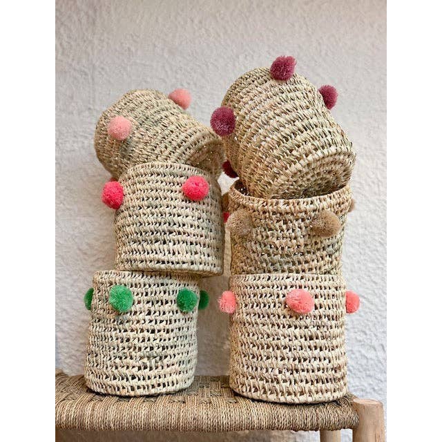 High crafty – wholesale Basket – 🧺 Handwoven Palm Leaf Basket with Colorful Wool Pom Poms0