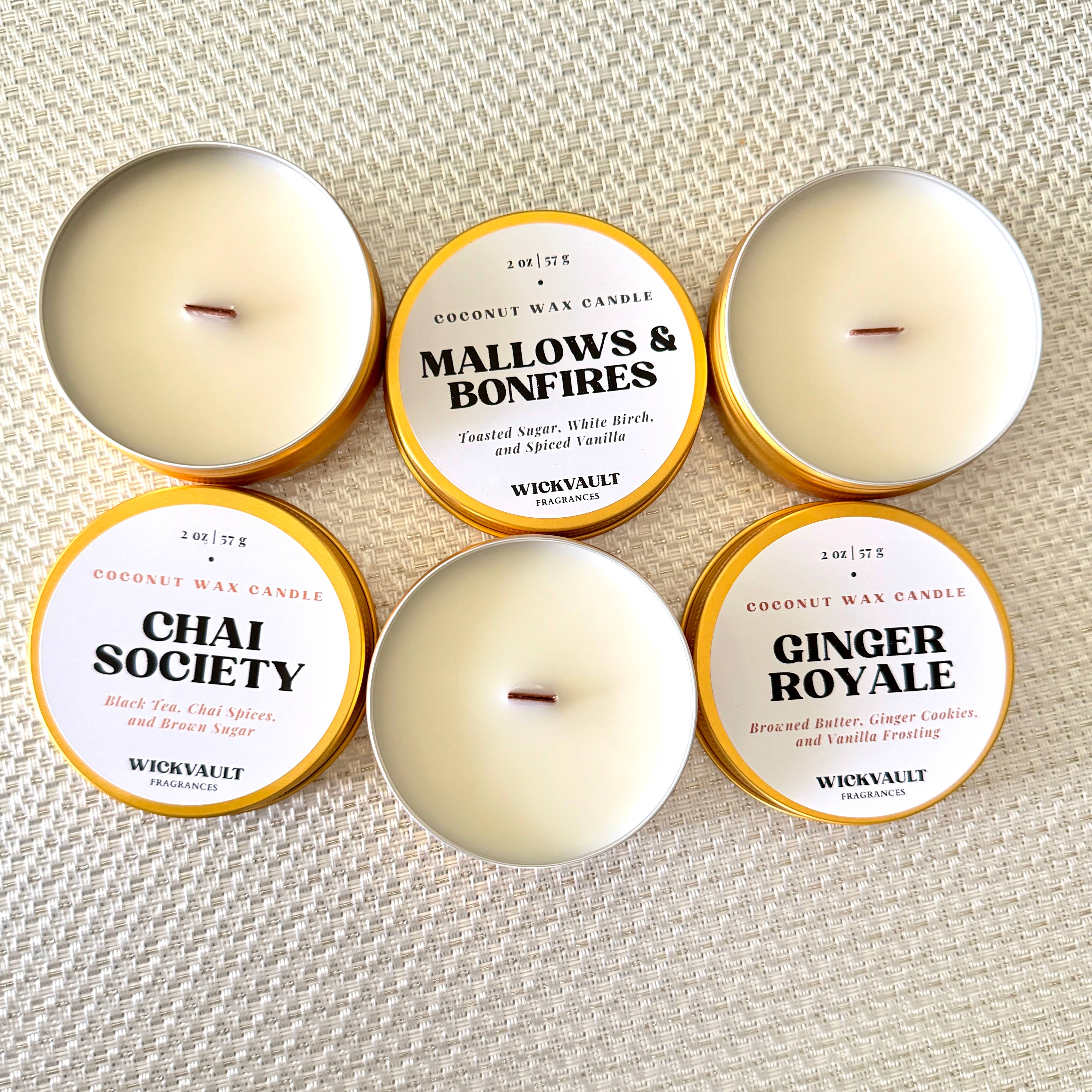 Wick Vault Fragrances - Wholesale Travel Candles - Fall & Holiday Scents 2oz Gold Candle Tin Gift Sample Pack2