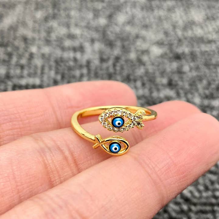 Mio Queena - Wholesale Cocktail/Statement Ring - Enamel Rhinestone Turkey Eye Evil Eye Golden Adjustable Rings7