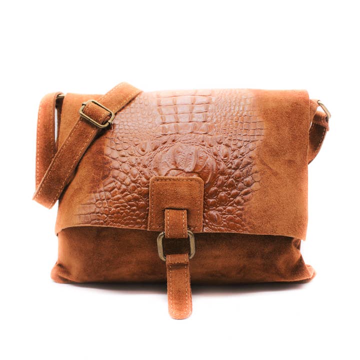 Ellas Trading - Venta al por mayor Bandolera - Mujer - Bolso cruzado de cuero de gamuza italiana suave con estampado de cocodrilo1