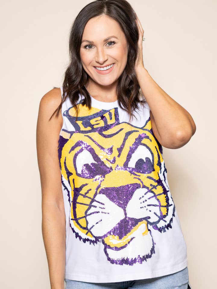 LSU Vintage Full Face Tiger (Licensed) | Sequin Tank (White) for wholesale by BOMB DESIGNS