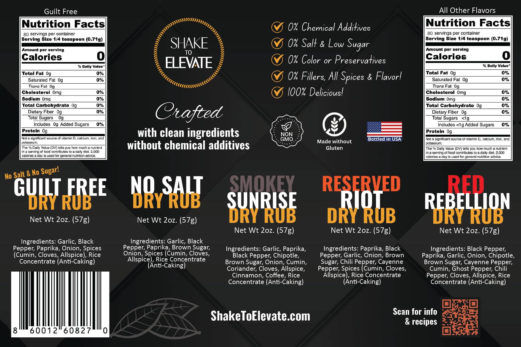 Shake to Elevate – Engroshandel Tørret krydderiblanding – Ryst for at Løfte - Ingen Salt BBQ Tør Gnidningssamling Kryddersæt Gaveæske | Ingen Salt Krydring | Hjertevenlig | Diætvenlig | 0% Kemiske Tilsætningsstoffer | 0% Konserveringsmidler eller Farve | Alle Naturlige Ingredienser & Oplistede (sæt med 5 smagsvarianter)2