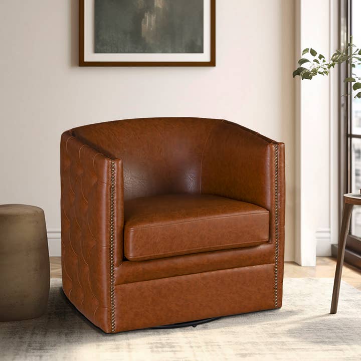 Olliix - Wholesale Chair - Faux Leather Low-Back Barrel Swivel Chair, Brown *