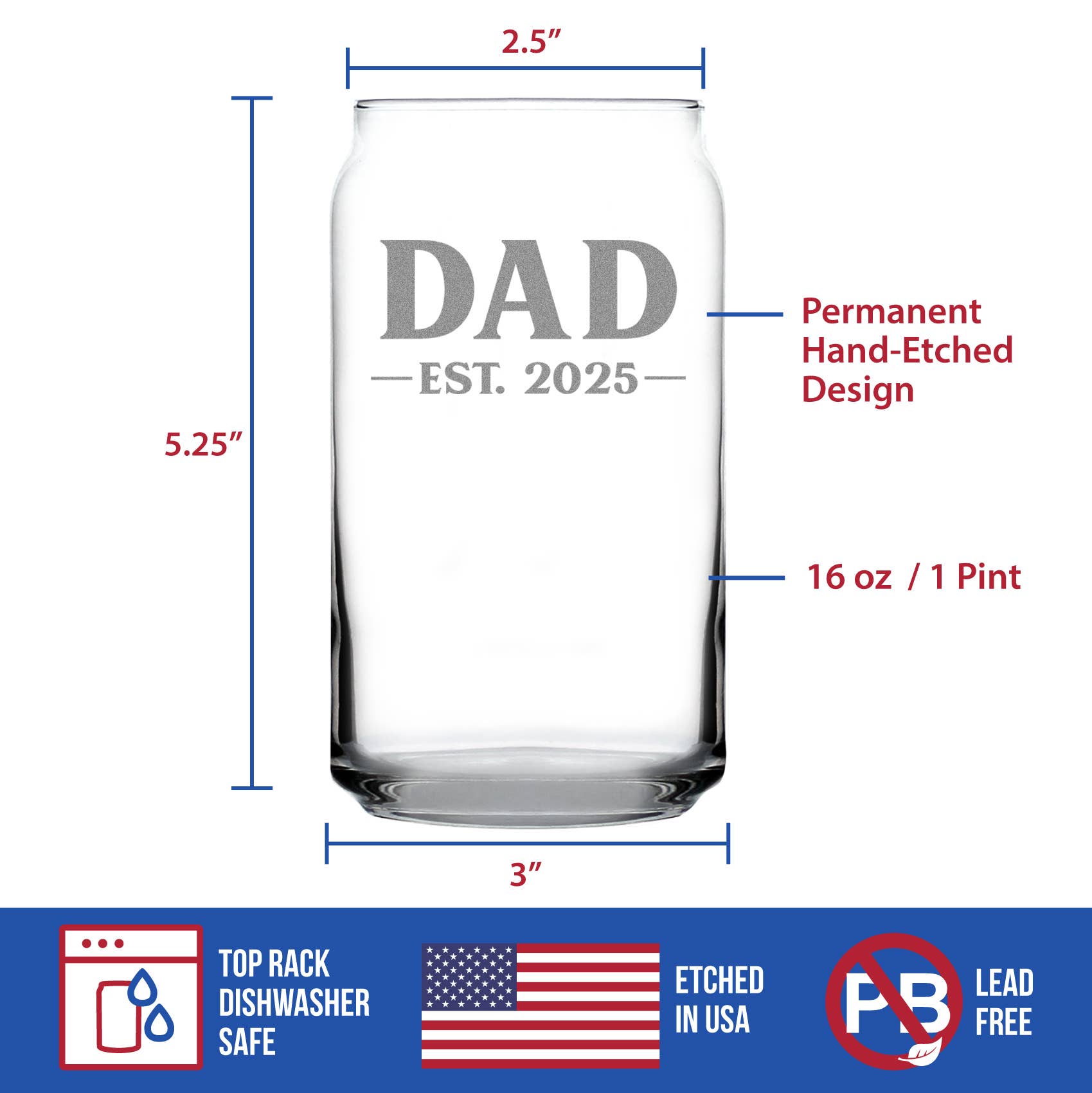 bevvee – wholesale Beer glass/mug – New Dad 2025 - Bold - Beer Can Pint Glass - Engraved3