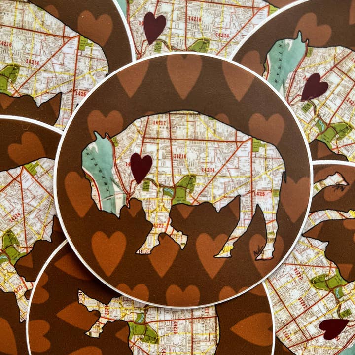 Brown Buffalo Map Round Waterproof Vinyl Sticker for wholesale by Alison E. Kurek