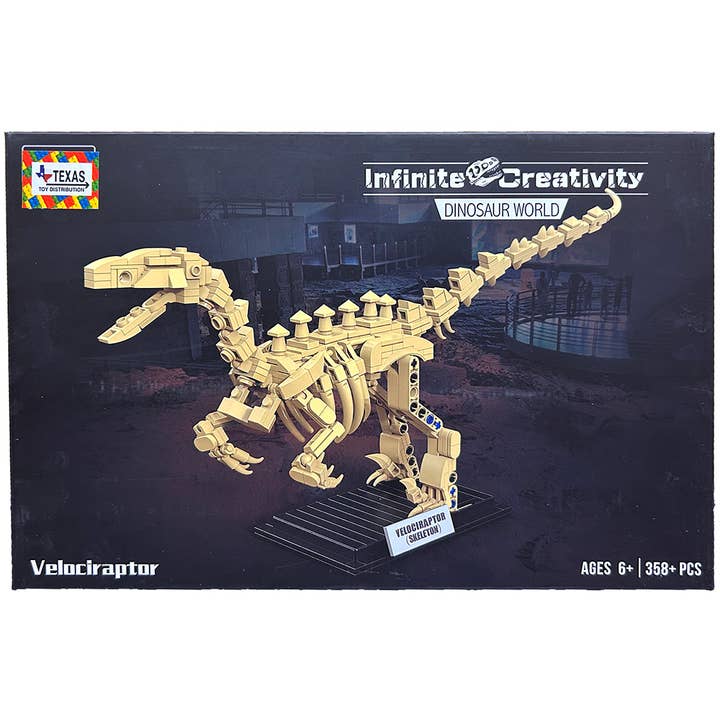 Velociraptor Skeleton Dinosaur Building Brick Kit (358+ pcs) for wholesale by Texas Toy Distribution