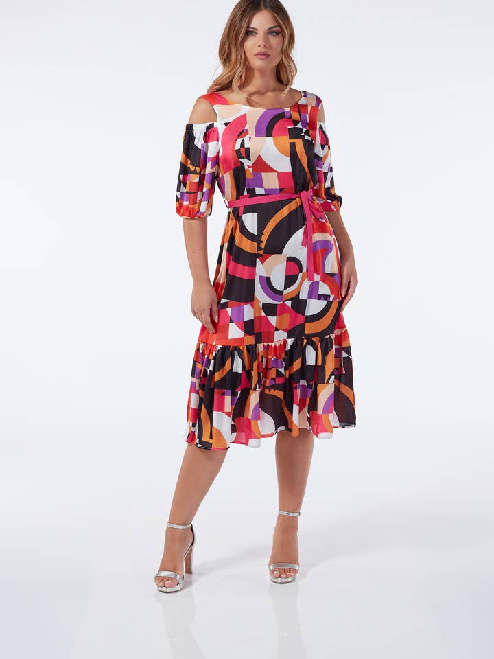 Vestido de cetim leve com padrão geométrico por atacado de Oltretempo