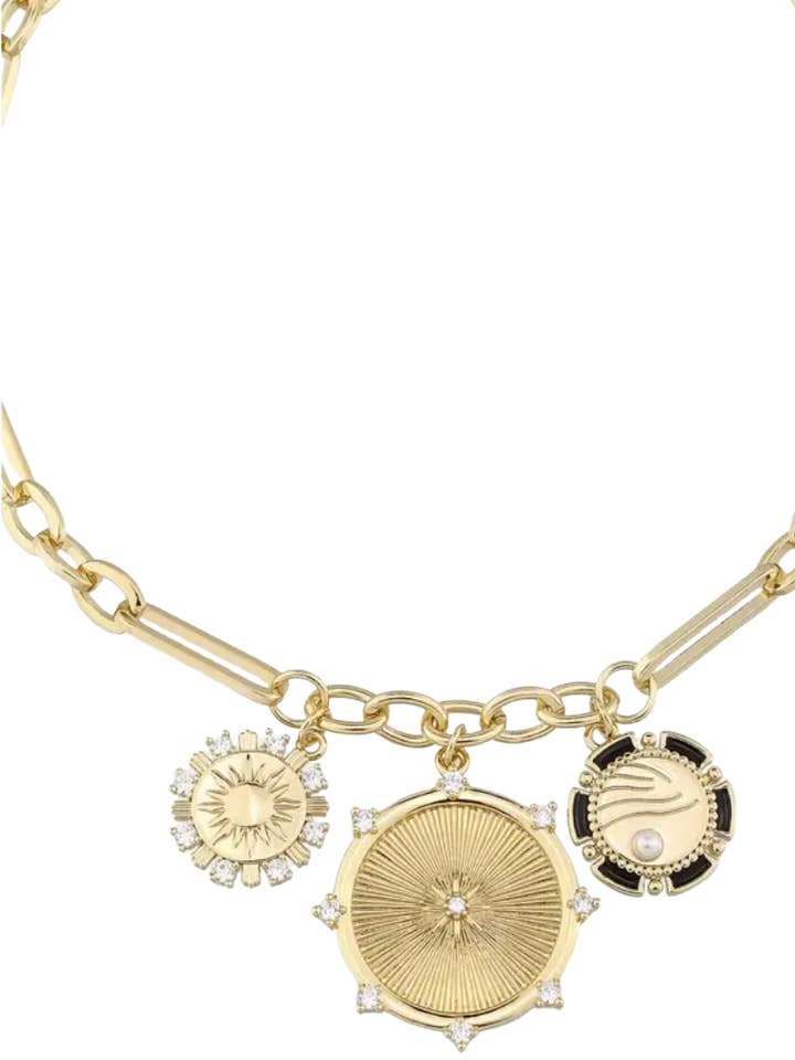 8 Point Wheel Medallion & Sun Charm Coin Necklace for wholesale by HoopLa