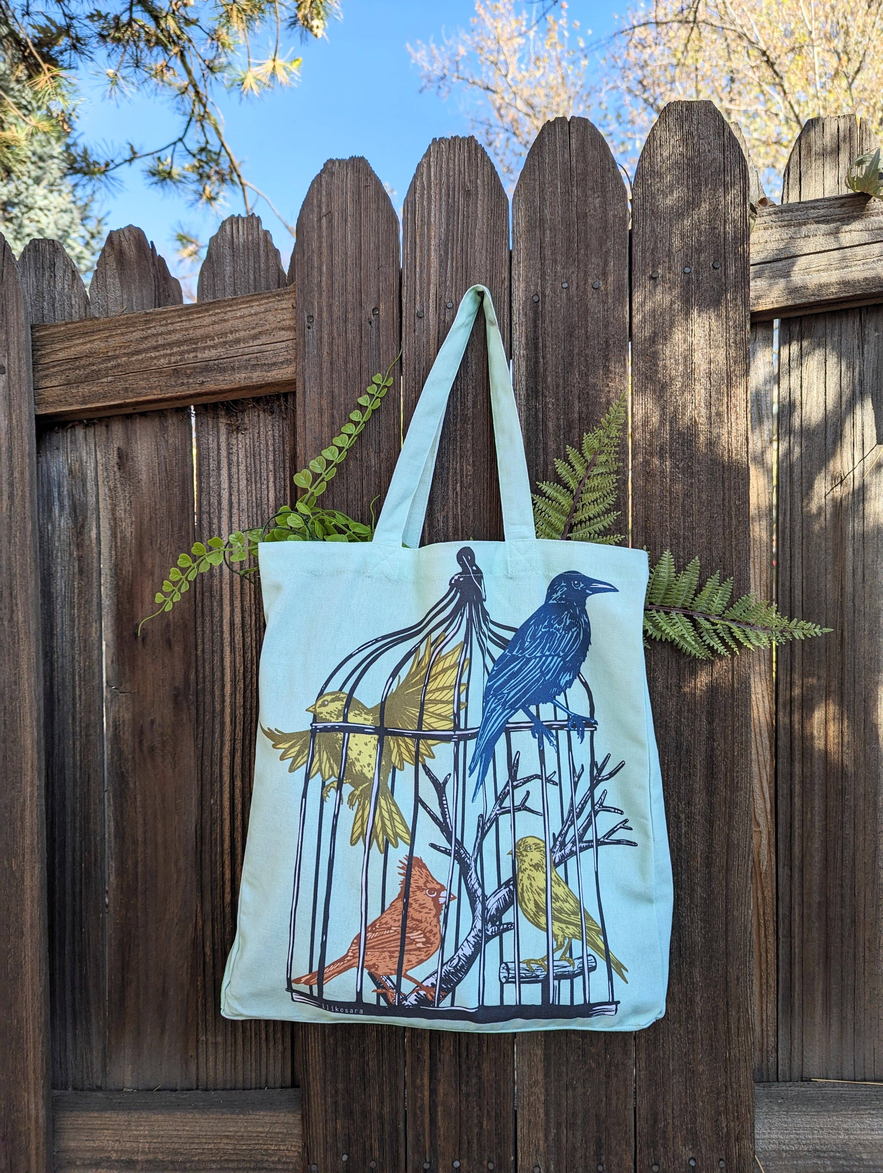 ilikesara | art + goods - Wholesale Tote Bag - Women's - tote bag | caged birds - light blue canvas screenprinted tote5