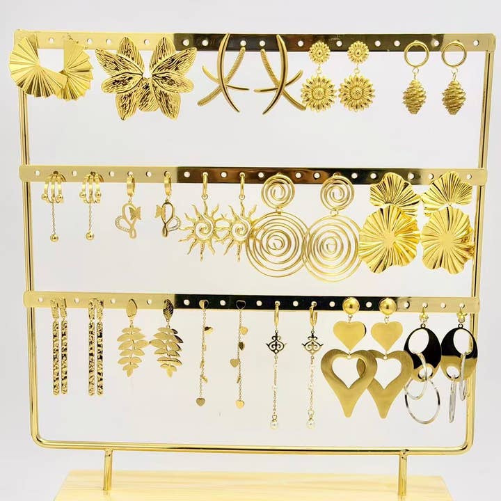 COSMOS - Wholesale Dangle Earrings - Set of 16 Pairs of Gold-Plated Steel Earrings0