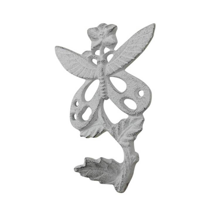 Witgekalkte gietijzeren vlinder op een tak decoratieve metalen wandhaak 6.5" voor wholesale door Hampton Nautical