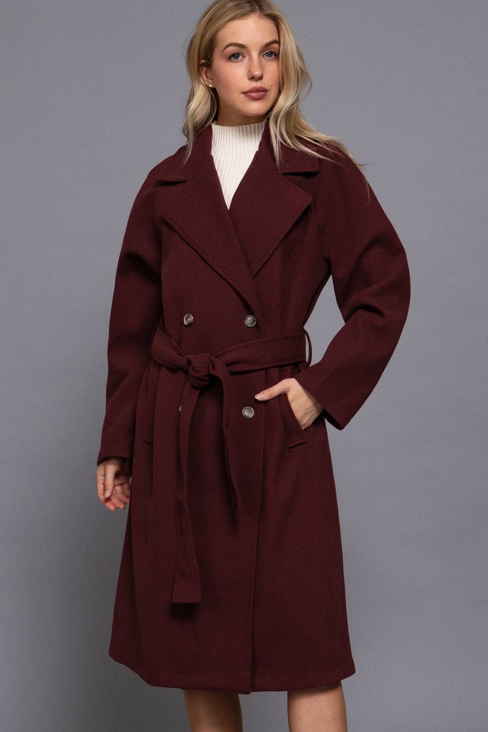 Active Basic | Active USA - Wholesale Trench Coat - Women's - Long Sleeve Double Breasted Button Soft Felt Trench Coat5