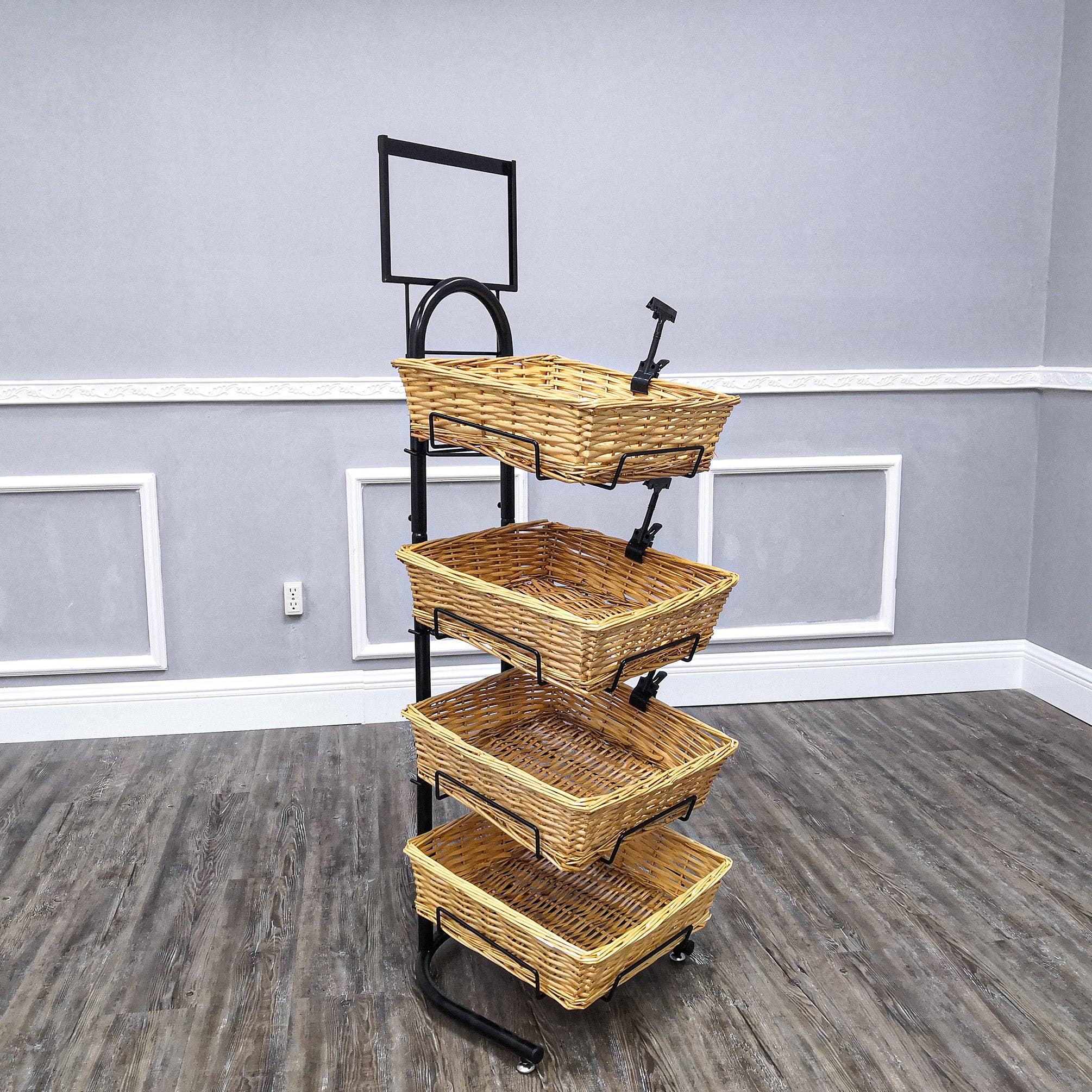 FIXTUREDISPLAYS - Wholesale Retailer Display Stand/Case - 4 Tier Basket Stand, Sign Clips, Wicker - Black 120006-NEW8
