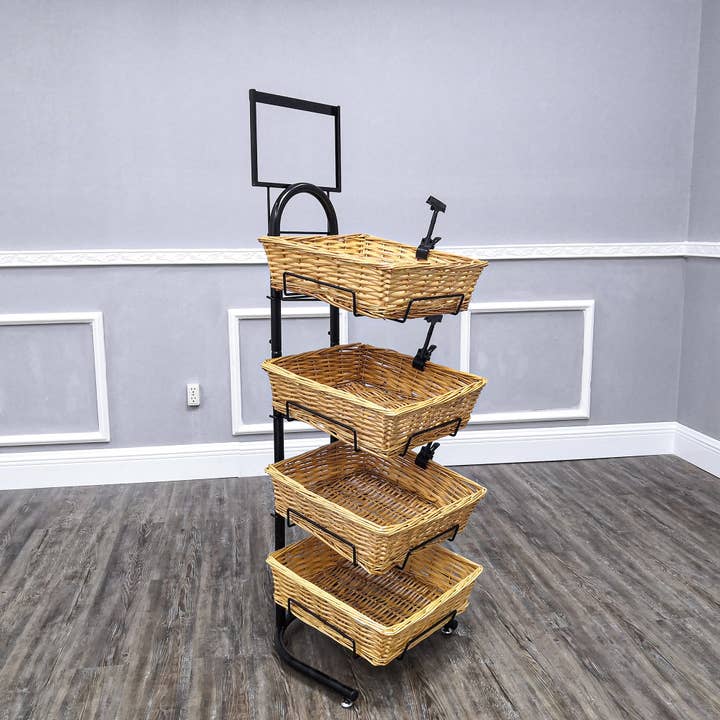 FIXTUREDISPLAYS - Wholesale Retailer Display Stand/Case - 4 Tier Basket Stand, Sign Clips, Wicker - Black 120006-NEW8