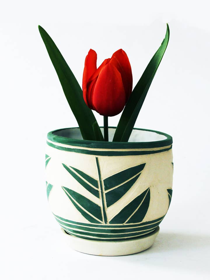 5-inch plantenbak met bladpatroon en dienblad voor wholesale door NIKO FAR WEST