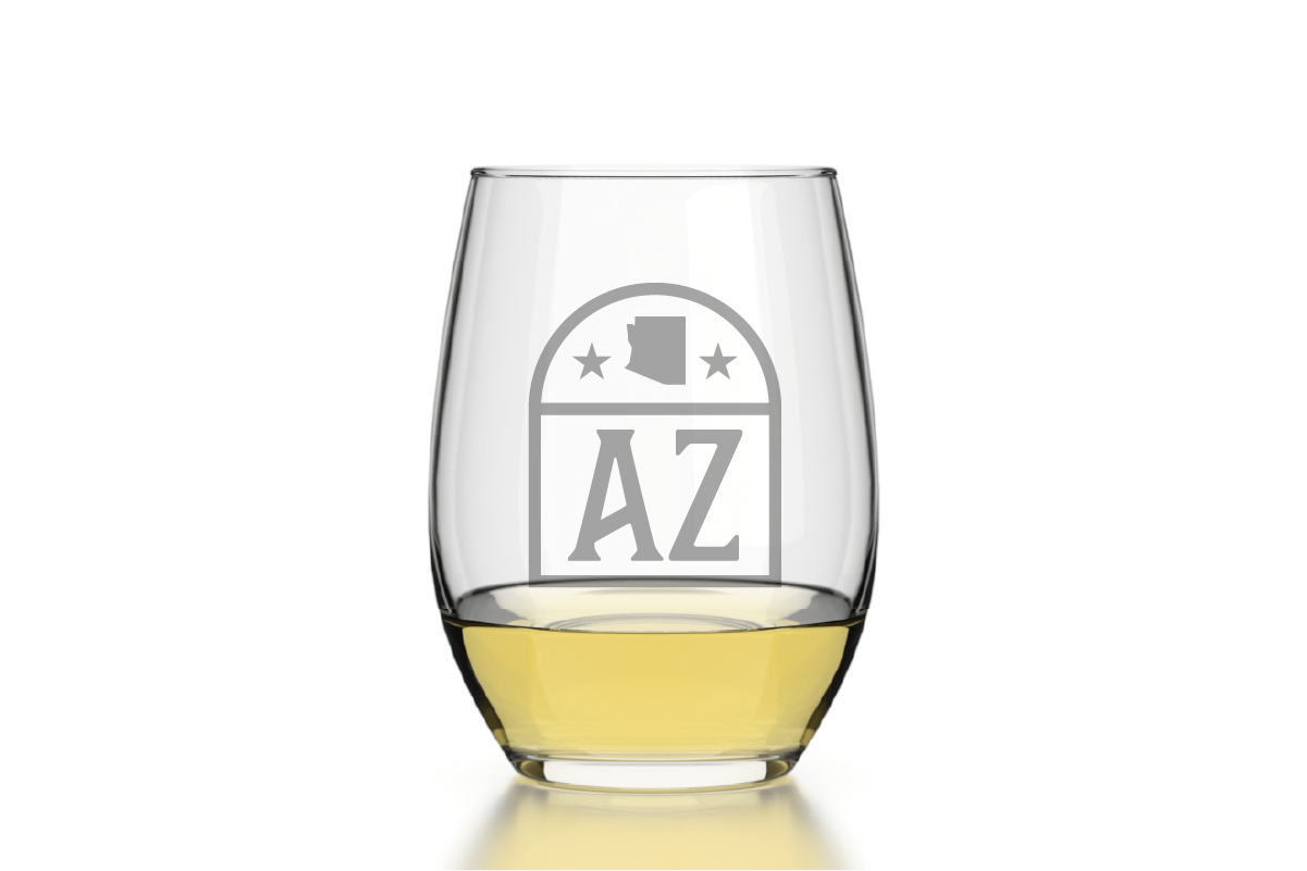 Well Told - Wholesale Wine Glass - Arizona - State Emblem - Etched Stemless Wine Glass - 16 oz1