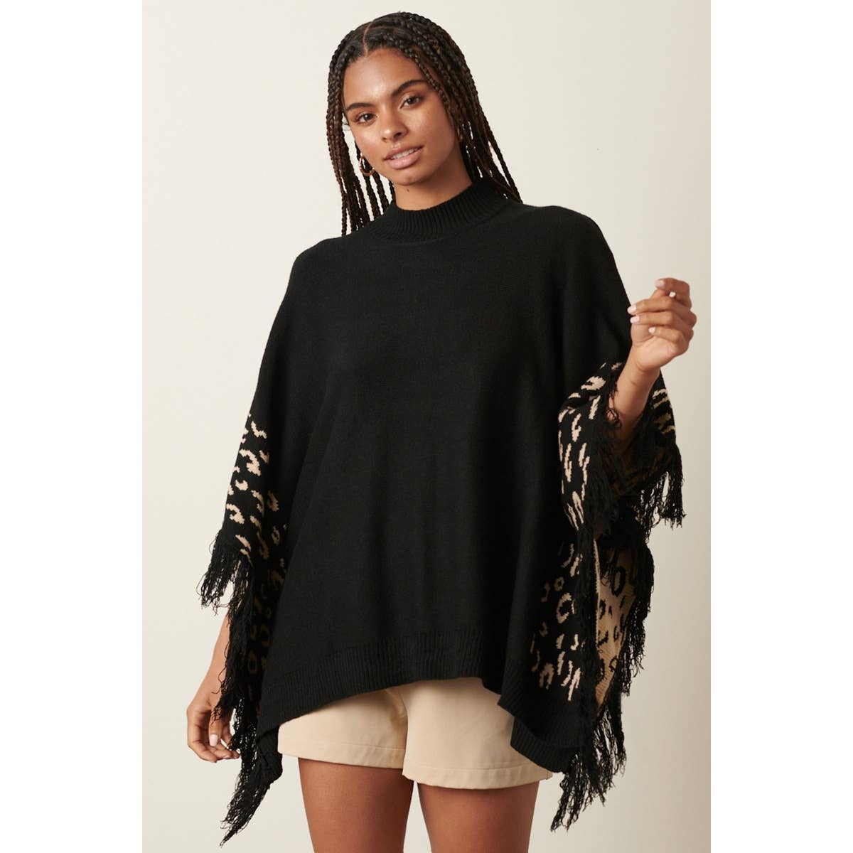 mittoshop - Wholesale Poncho - Women's - ANIMAL PRINT DETAIL TASSEL OVERSIZED PONCHO0