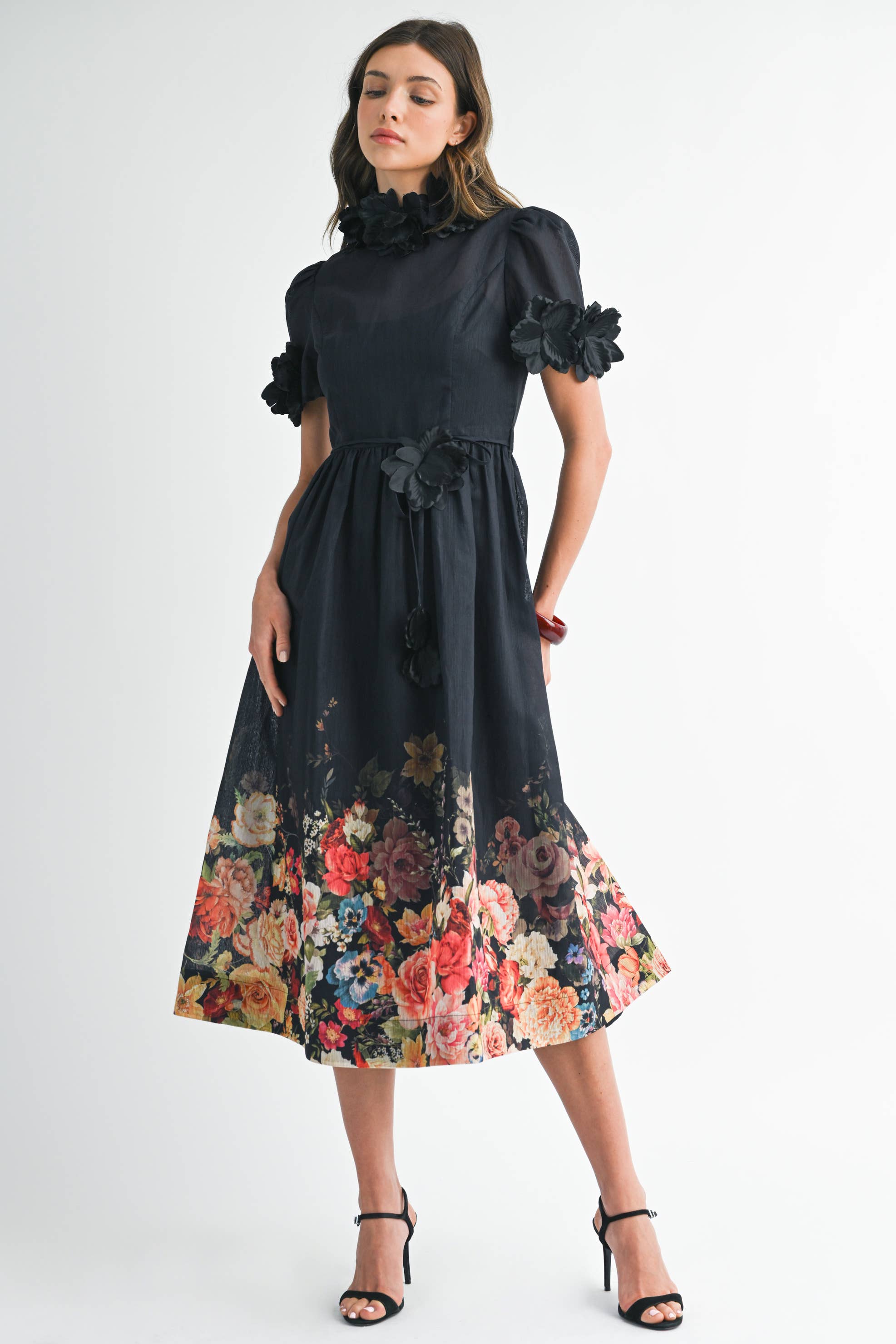 EB LUXE - Wholesale Dress - Women's - RD0026 3D Floral High Neck Short sleeve Midi Dress7