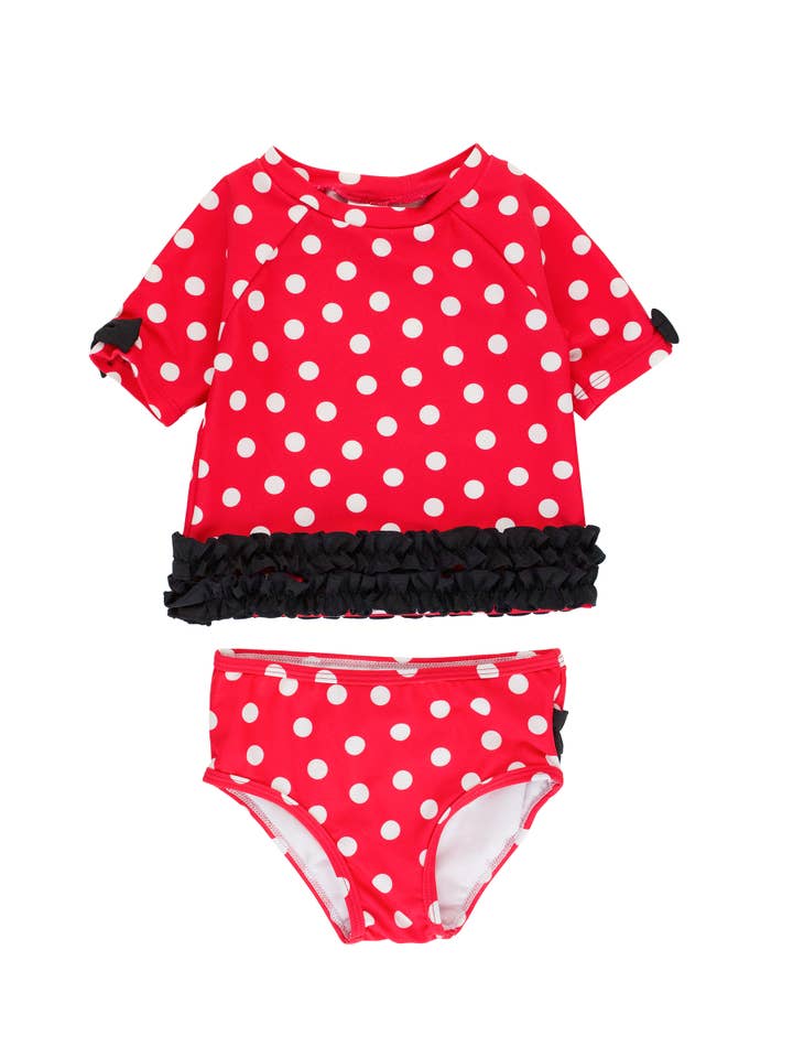 Girls Red Vintage Polka Dot Classic Bow Short Sleeve Rash Guard 2-Piece Swimsuit with Signature Rear Ruffles
 for wholesale by RuffleButts + RuggedButts