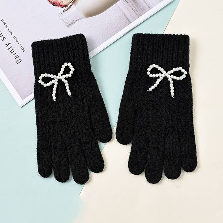 NINEXIS - Wholesale Gloves - Women's - CWAG00586_WOMEN WINTER KNIT BOW PEARL TOUCHSCREEN GLOVES1