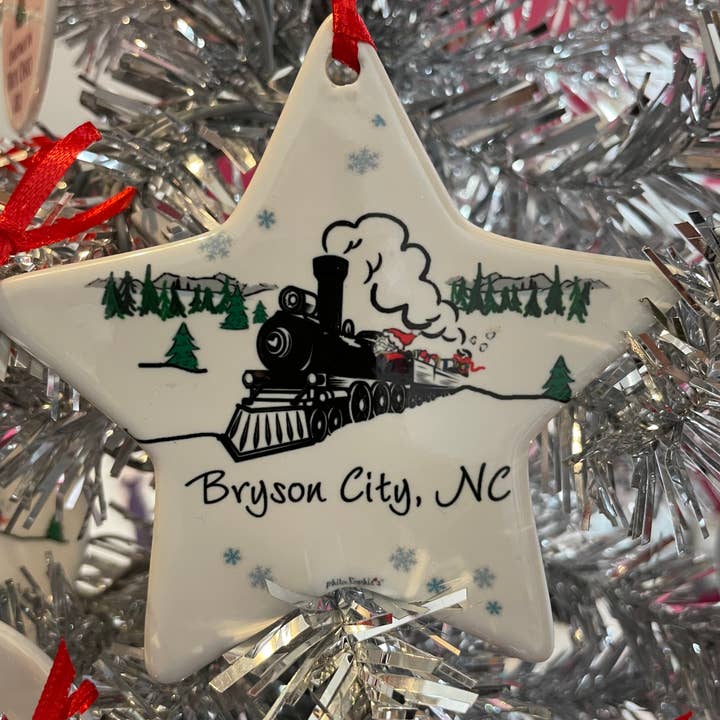 Name Drop Santa Steam Engine with Evergreens ornament for wholesale by philoSophie's Stationery & Gifts