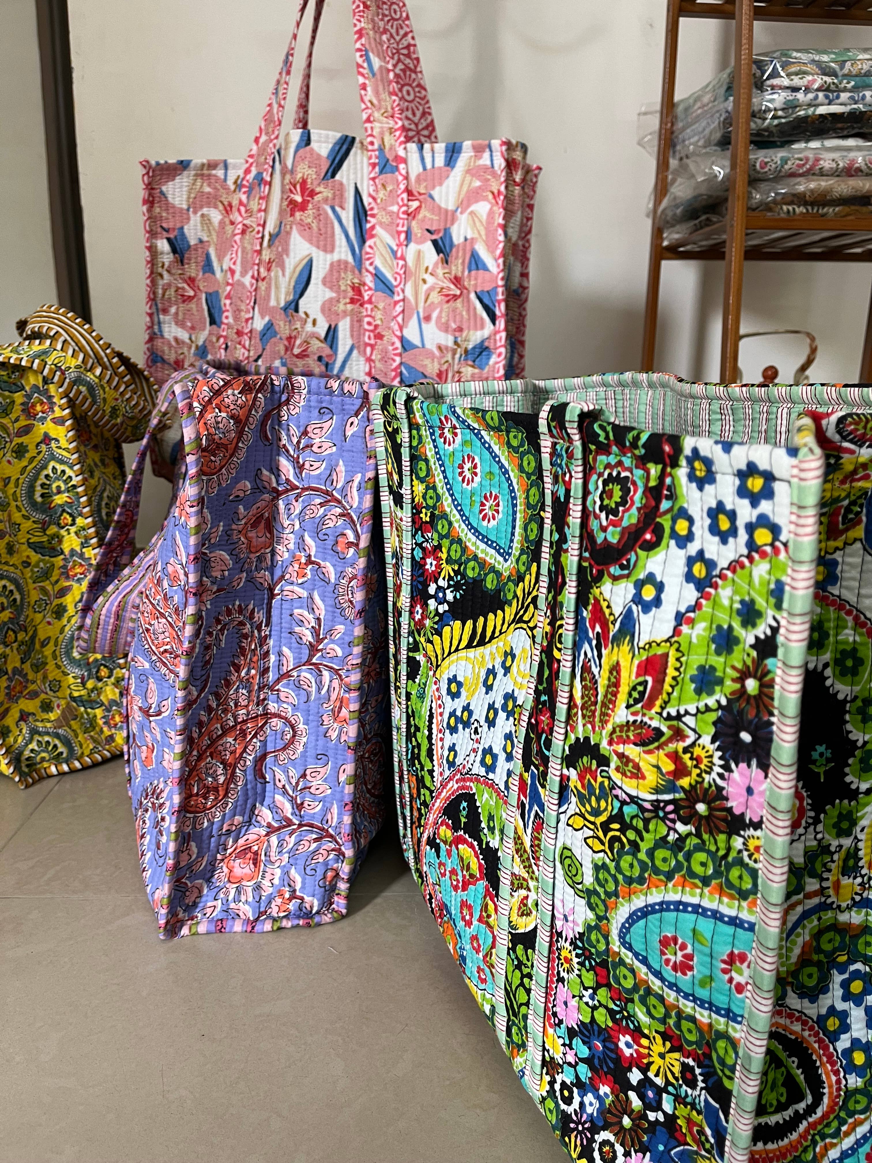 Meghcraft - Wholesale Tote Bag - Women's - Floral Cotton Quilted Block Print Tote Bag-Beach Bag totes12