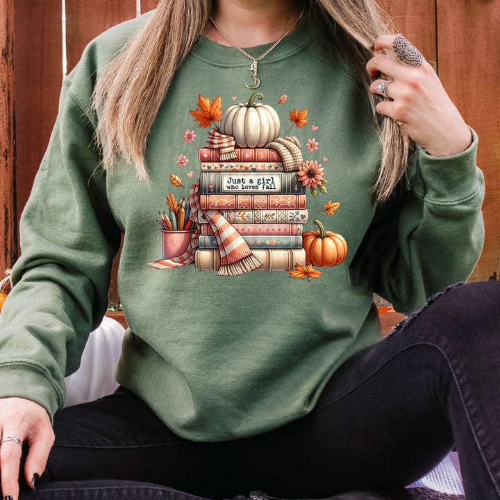 Just A Girl Who Loves Fall Books DTF Heat Transfer for wholesale by Trendy Transfers