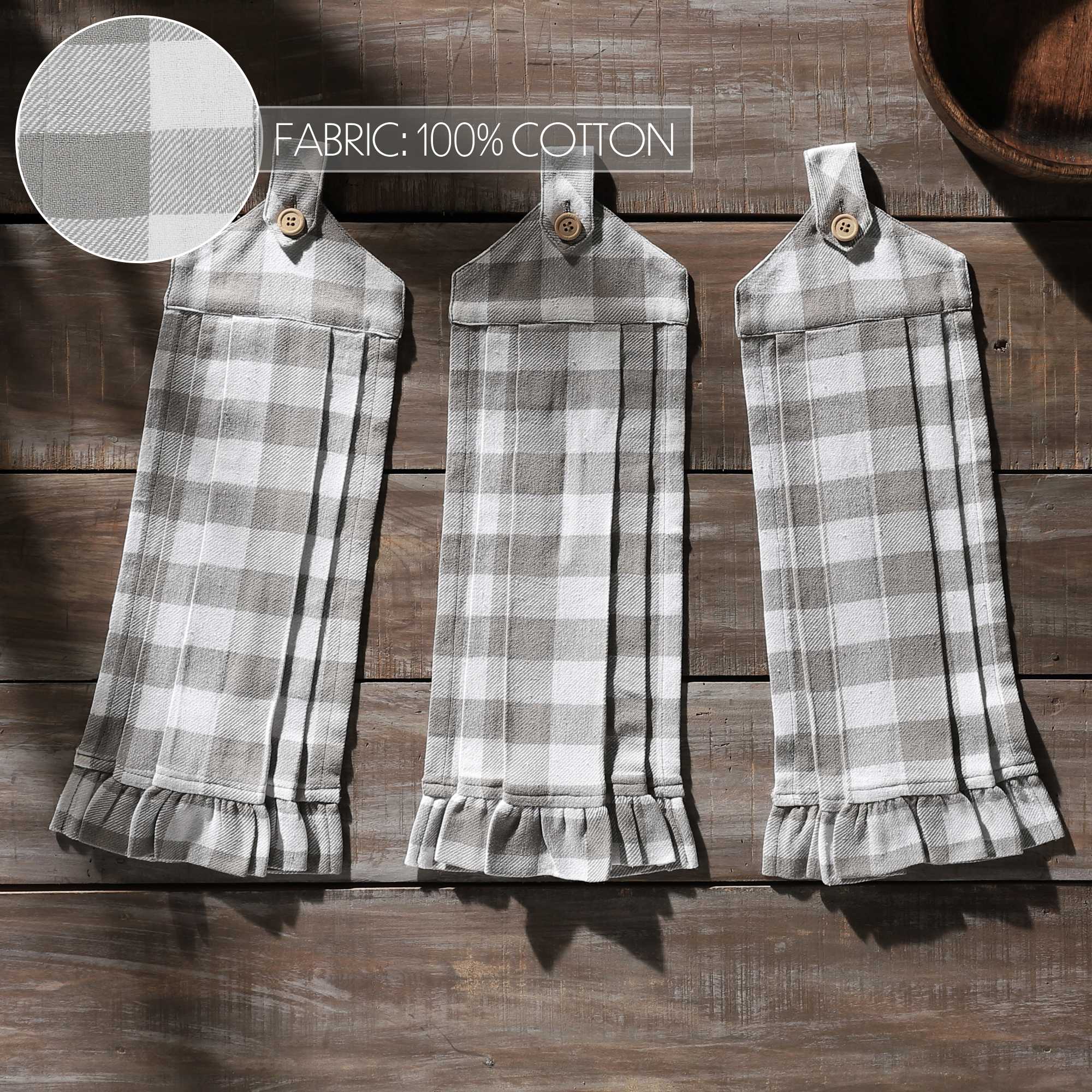 VHC Brands - Vente Torchons - Lot de 3 torchons à carreaux gris avec boucle boutonnée Annie Buffalo4