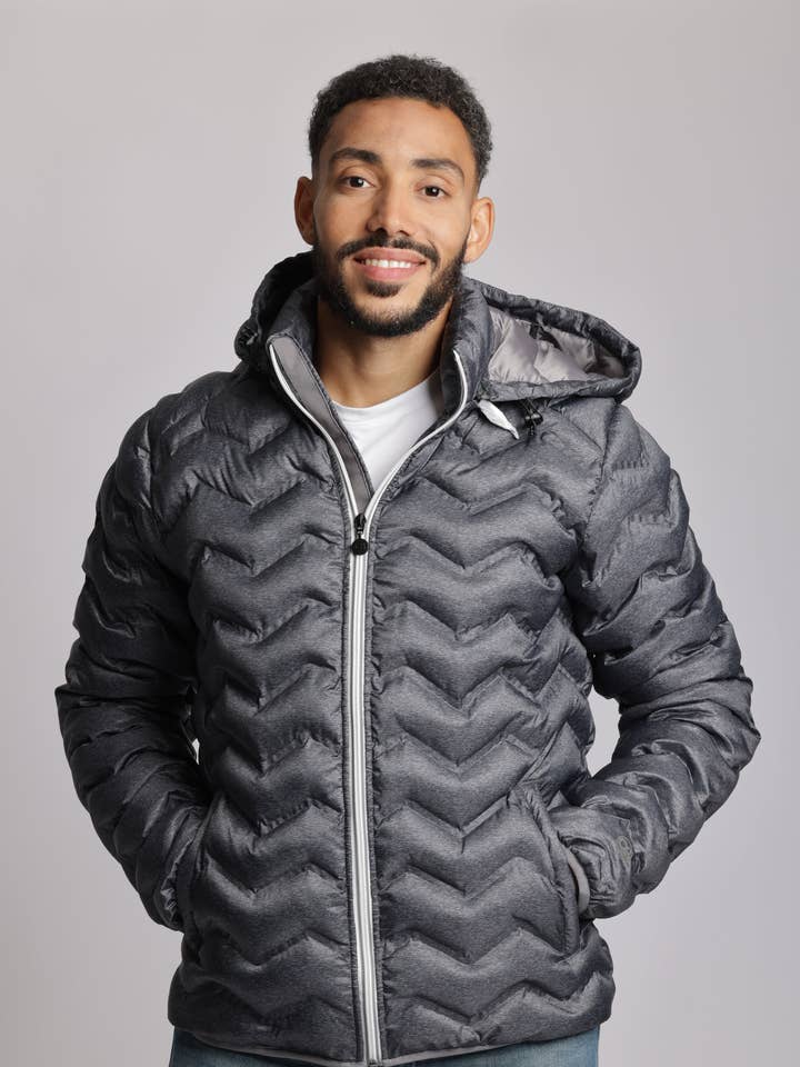 Packbare Daunenjacke für Herren in dunklem Heidegrau für den Großhandel von Lazypants