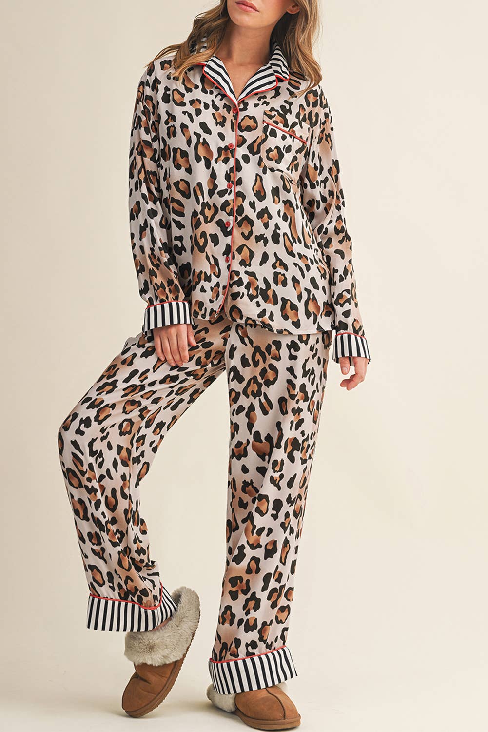 As shown Bold Leopard Striped Shirt & Pants Pajama Set | S-4X for wholesale on Faire7
