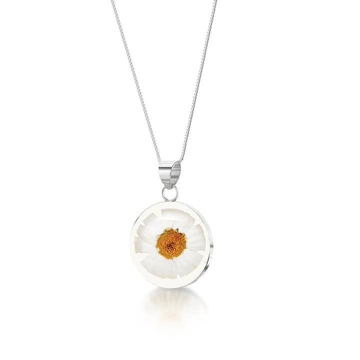 Silver Pendant Necklace - White Daisy - Large Round. for wholesale by Shrieking Violet