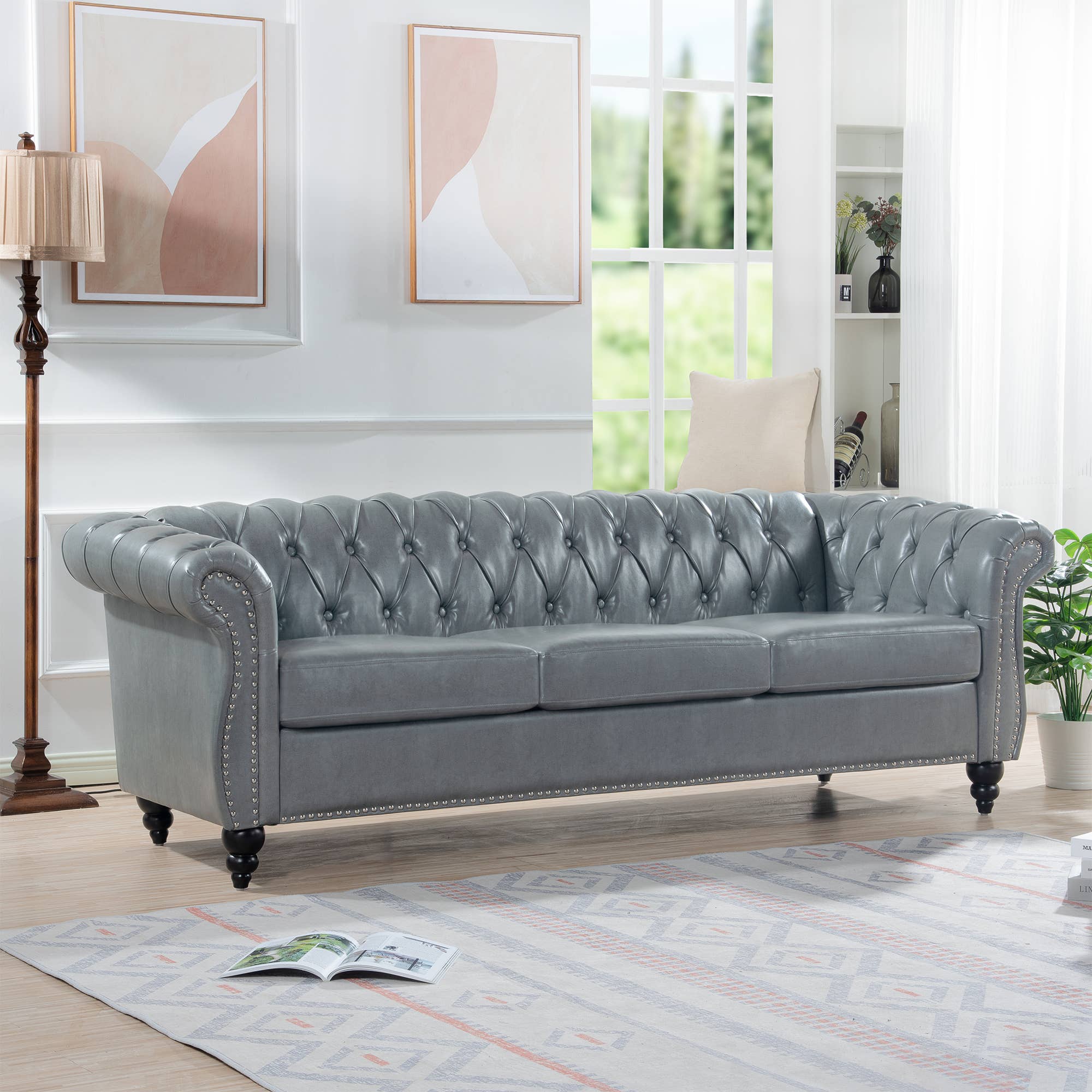 39F Inc. - Wholesale Chair - 84.65''BLACK PU Rolled Arm Chesterfield 3 Seater Sofa,6Color7