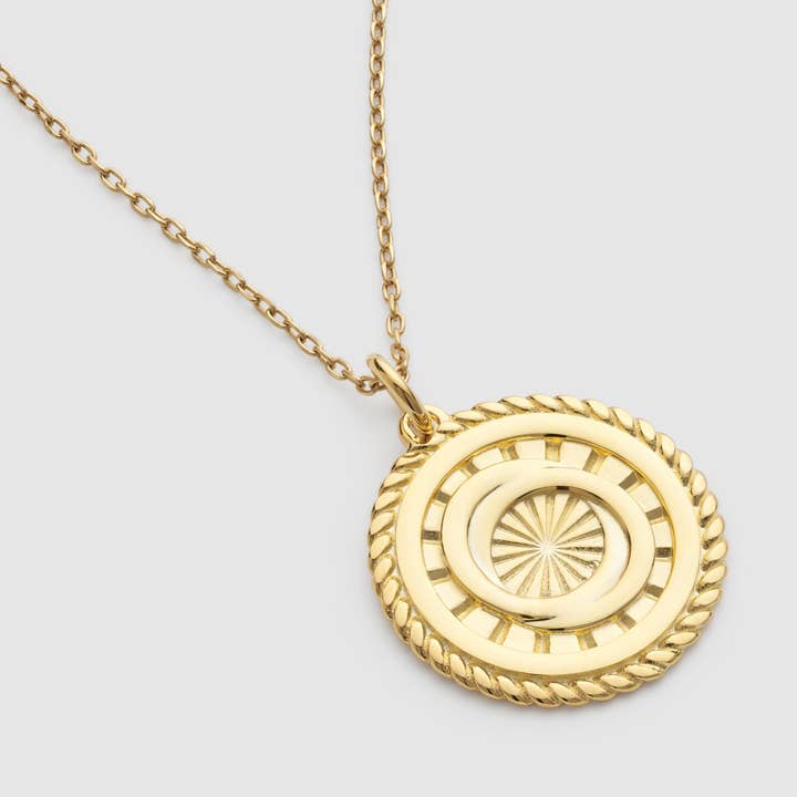 Gold Sunburst Interlocking Circles Medallion Necklace for wholesale by Elk & Bloom