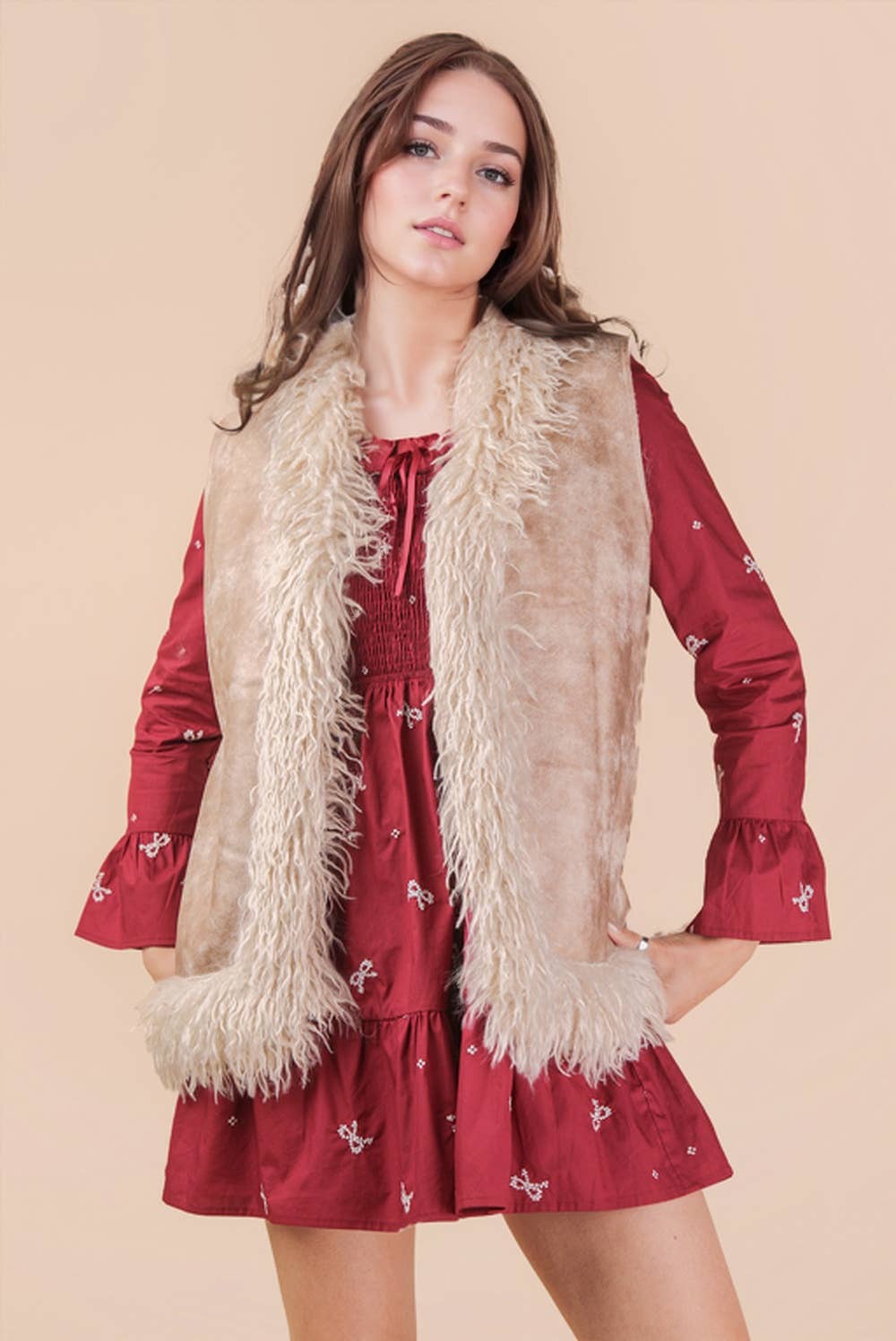 VERY J - Vente Veste sans manches – femme - NJ90398-Gilet Bohème en Suédine Sherpa avec Fausse Fourrure5