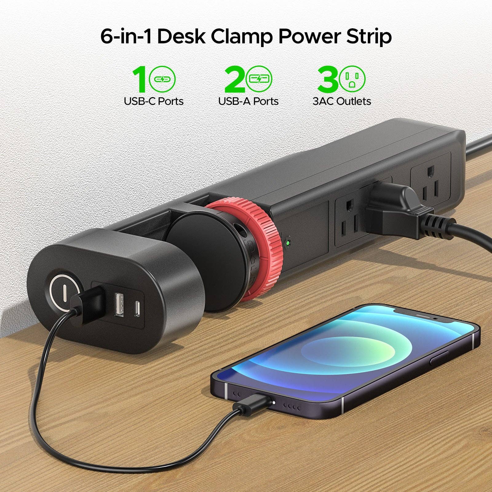 Rocket Socket Technology - Wholesale Power Adapter - CRST Under-Desk Clamp Power Strip with 3 AC Outlets & 3 USB Ports (1 USB-C), 1020J Surge Protector, 6FT Flat Plug Extension Cord, Easy Mount Desk Charging Station for Home Office5