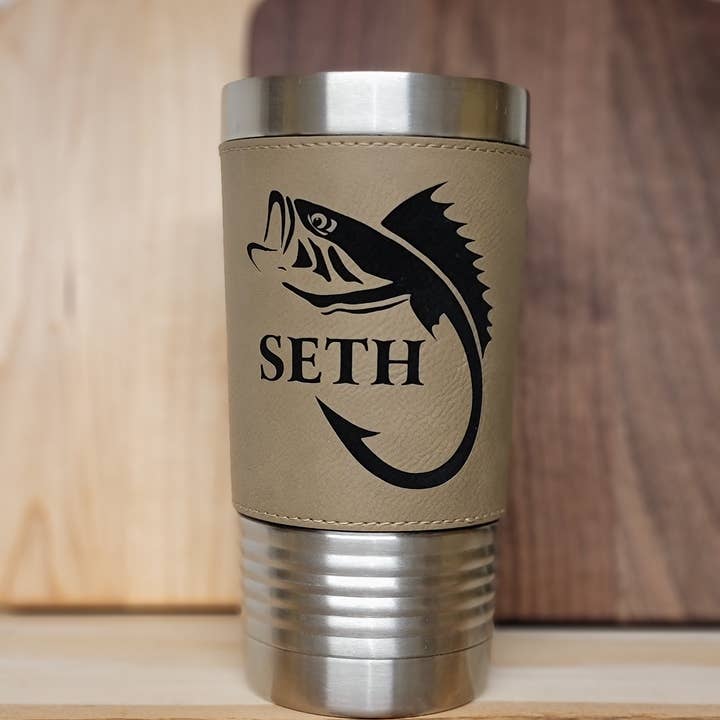 Clack Design - Wholesale Insulated Mug/Tumbler - Fishing Leather Tumbler. Bass and Hook Fishing Engraved Cup.1