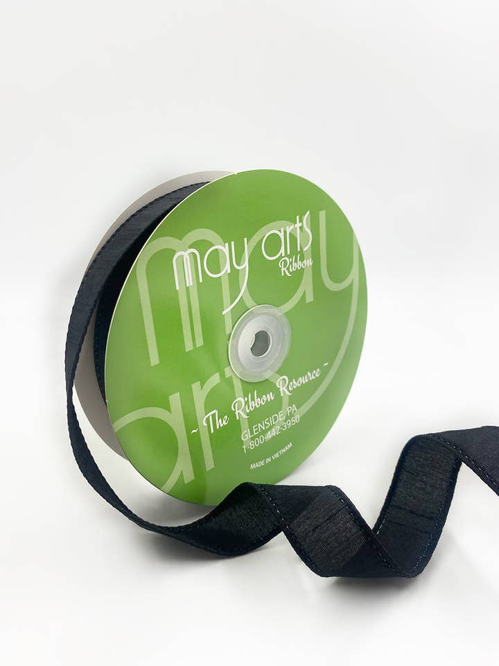 1″ Wired Black Faux Dupioni Silk Ribbon for wholesale by May Arts Ribbon