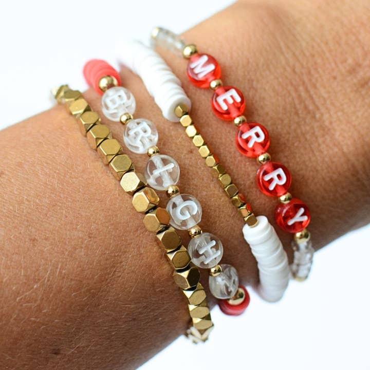 Two and Crew - Wholesale Beaded Bracelet - Merry and Bright Christmas Holiday Red & White bracelet set